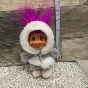 Vintage Troll Doll Purple Hair Winter Coat Fur Trim Plush Toy Collectible